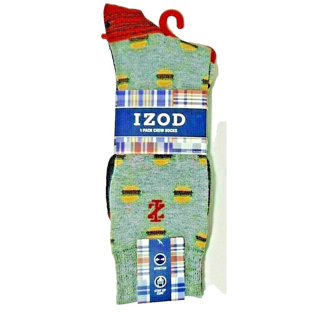 Izod Men's Crew Socks Hamburger Design Shoe Size 6-12.5 Logo Gray Red Heel Toe